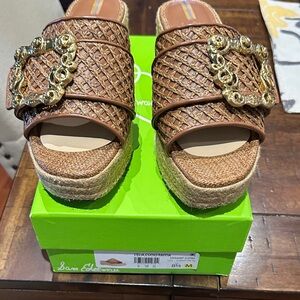 Sam Edelman Brown Raffia Platform Mules with Gold Buckle Accent